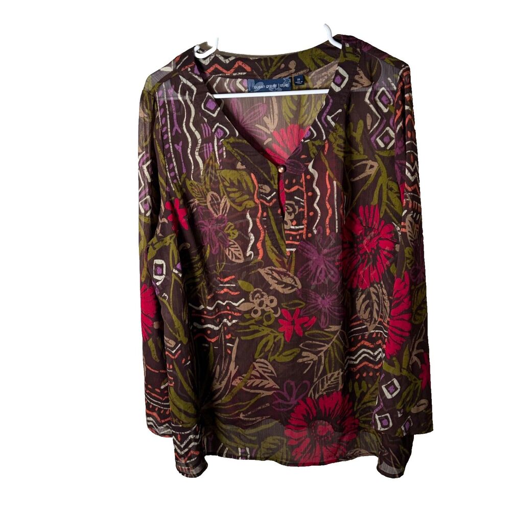Susan Graver Blouse Women's 2X V-Neck Sheer Floral Lightweight Shirt Top